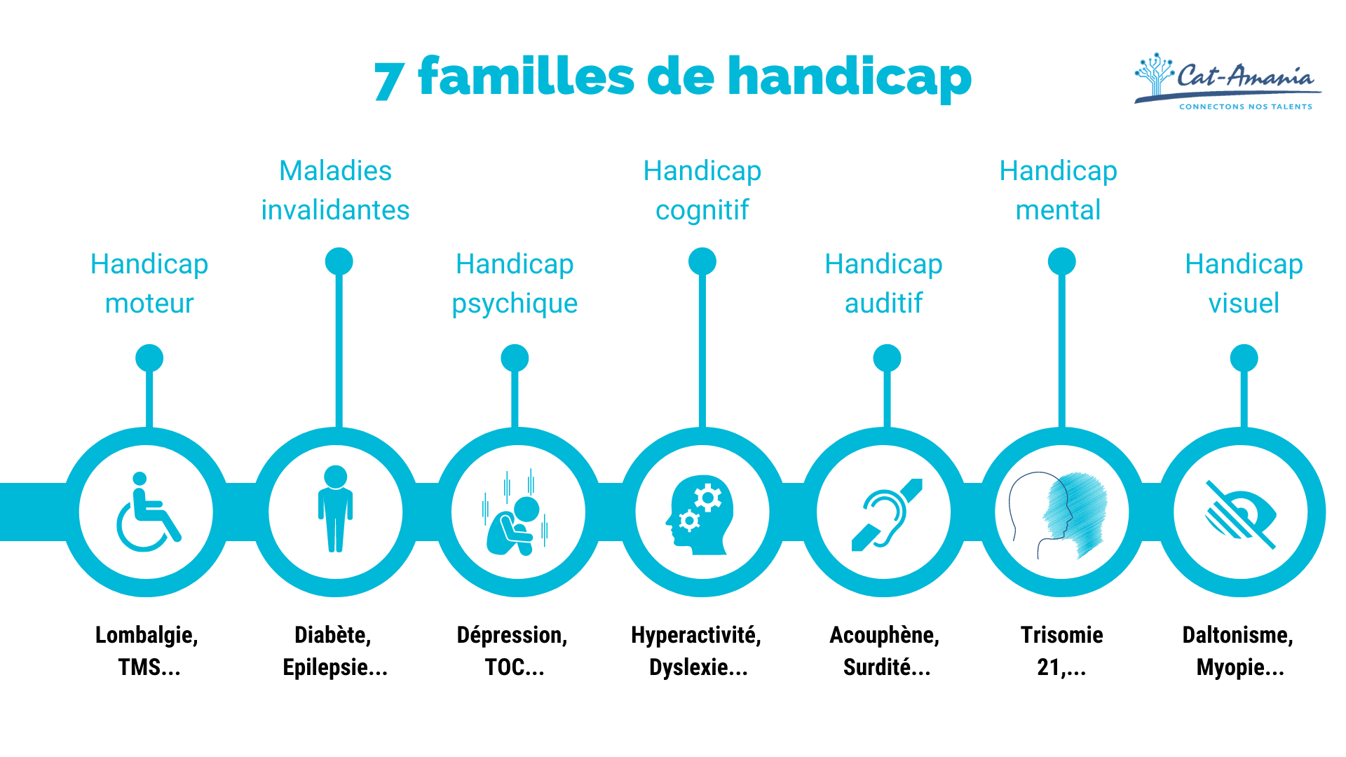 7 familles de handicap :
- Handicap moteur
- Maladies invalidantes
- Handicap psychique
- Handicap cognitif
- Handicap cognitif
- Handicap auditif
- Handicap mental
- Handicap visuel